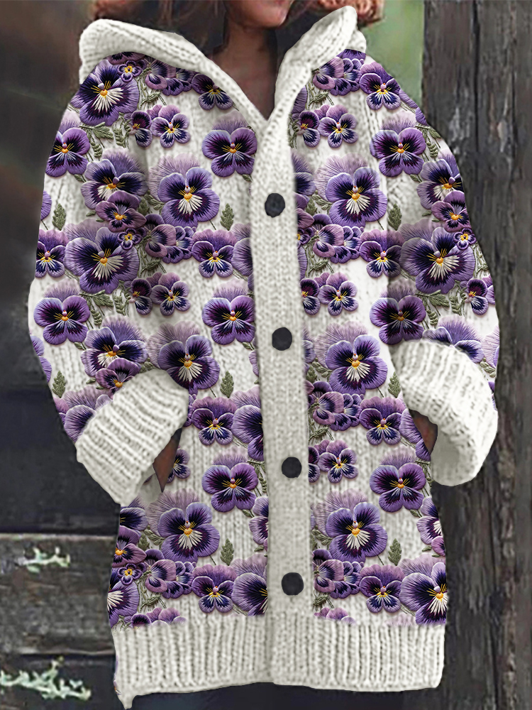 Comstylish Classy Pansy Floral Embroidery Pattern Knit Hooded Cardigan