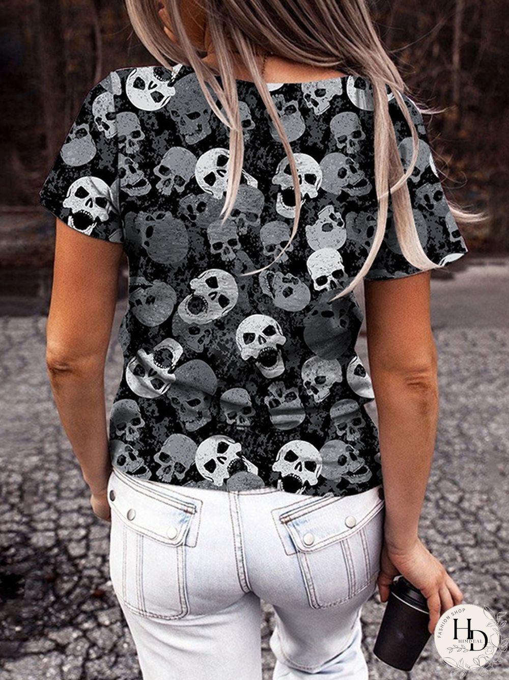 Halloween Skull Print V-neck T-shirt