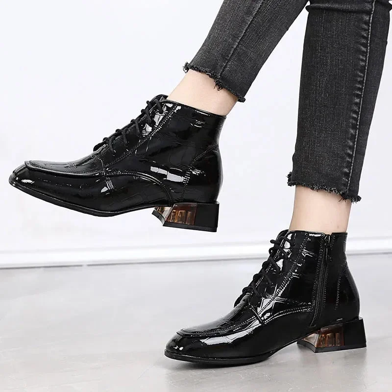 GKTINOO Women Boots 2022 New Woman Short Boots Soft Patent Genuine Leather Autumn/Winter Shoes Square Heels Female Footware