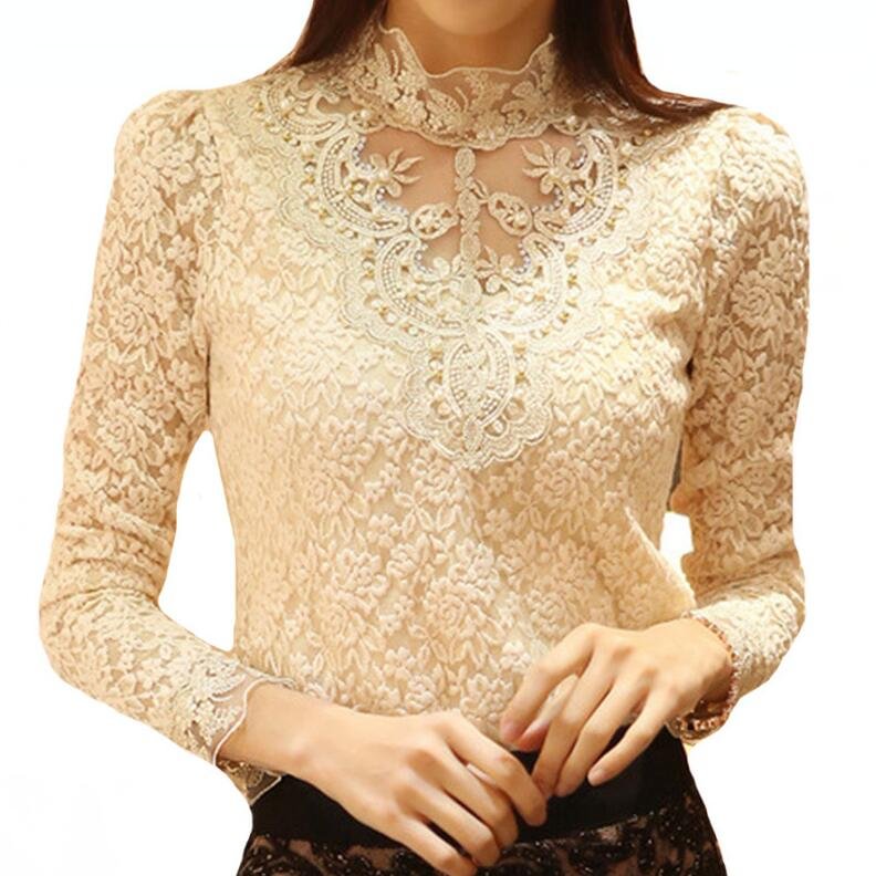 CUHAKCI  White BlousesWomen Sexy Shirt Lace Blouse Autumn Spring Long Sleeve Tops Casual Elegant Female Black XXXL