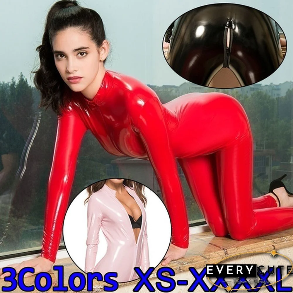 XS-4XL 3Colors Women's Leather Gothic PVC Bodysuit Jumpsuit Cosplay Fancy Dress Latex Collant Femme Costume PU Patent Leather Zipper Pants Leather Suit