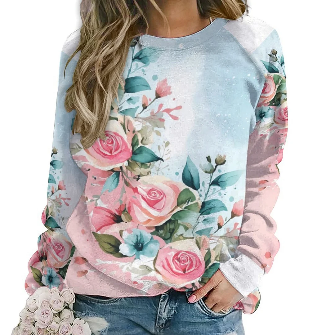 Printed Long Sleeve Casual Sweatshirt for  Women and Men Unisex Pattern Pink, Rose, Green, Floral