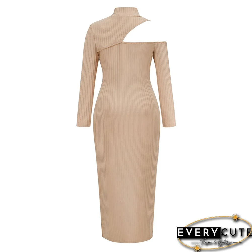 Khaki Ribbed Cut Out Side Split High Neck Maxi Dress