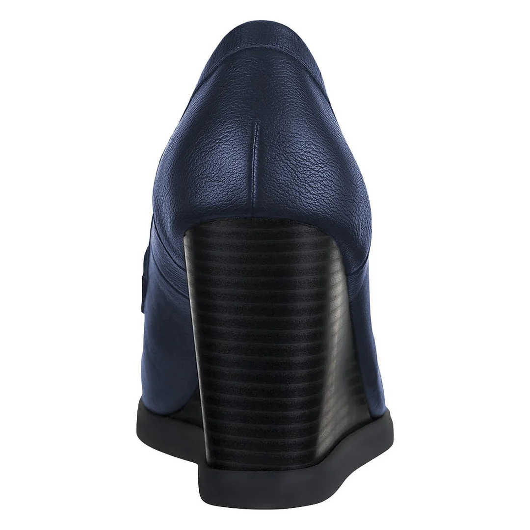 Elegant Navy Round Toe Wedge High Heel Platform Loafers Women