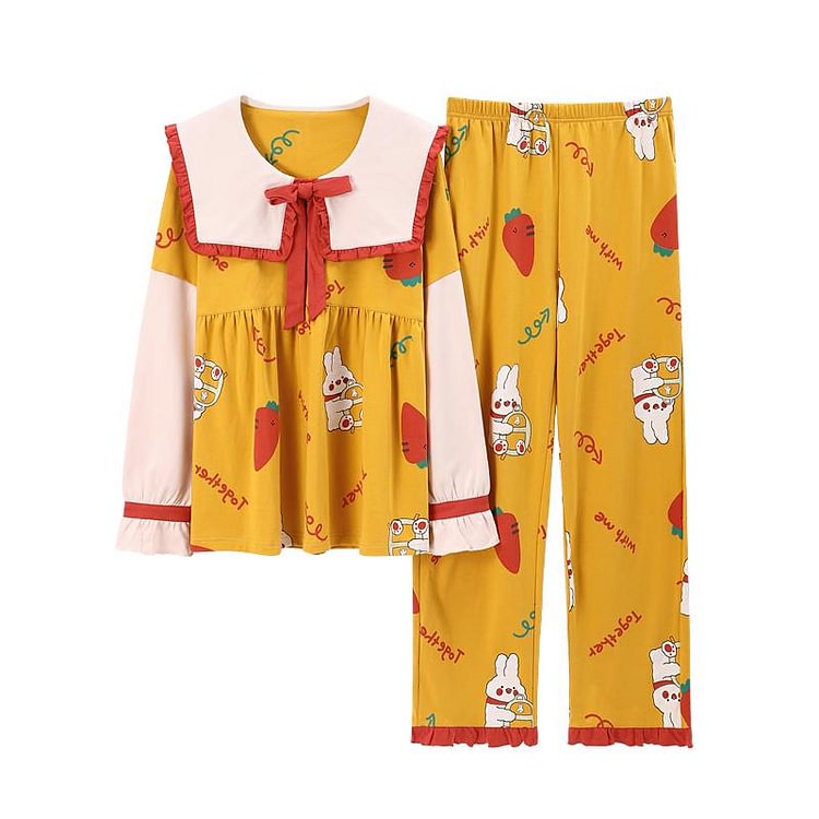 Sweet Cartoon Bow Knot Collar Two Piece Pajama Set - Modakawa Modakawa