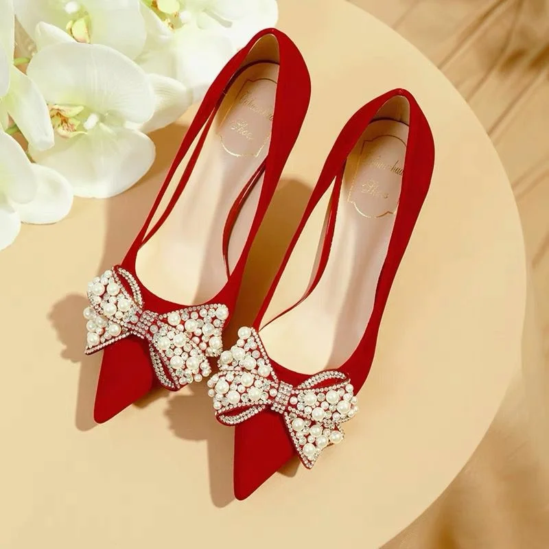 Sexy Red Velvet Wedding Shoes For Women 2022 Luxury Pearl Bowknot Pointed Toe Pumps Woman Stiletto High Heels Dress Shoes