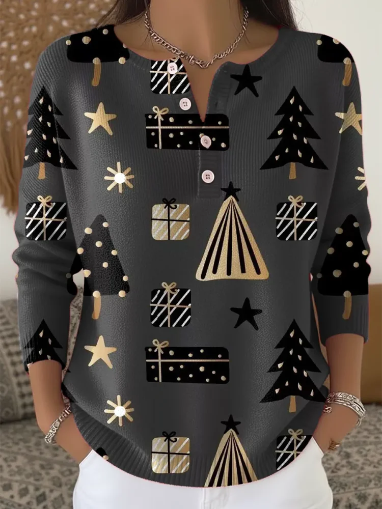 Women's Christmas Tree Pattern Art Print Casual Cardigan Sweater