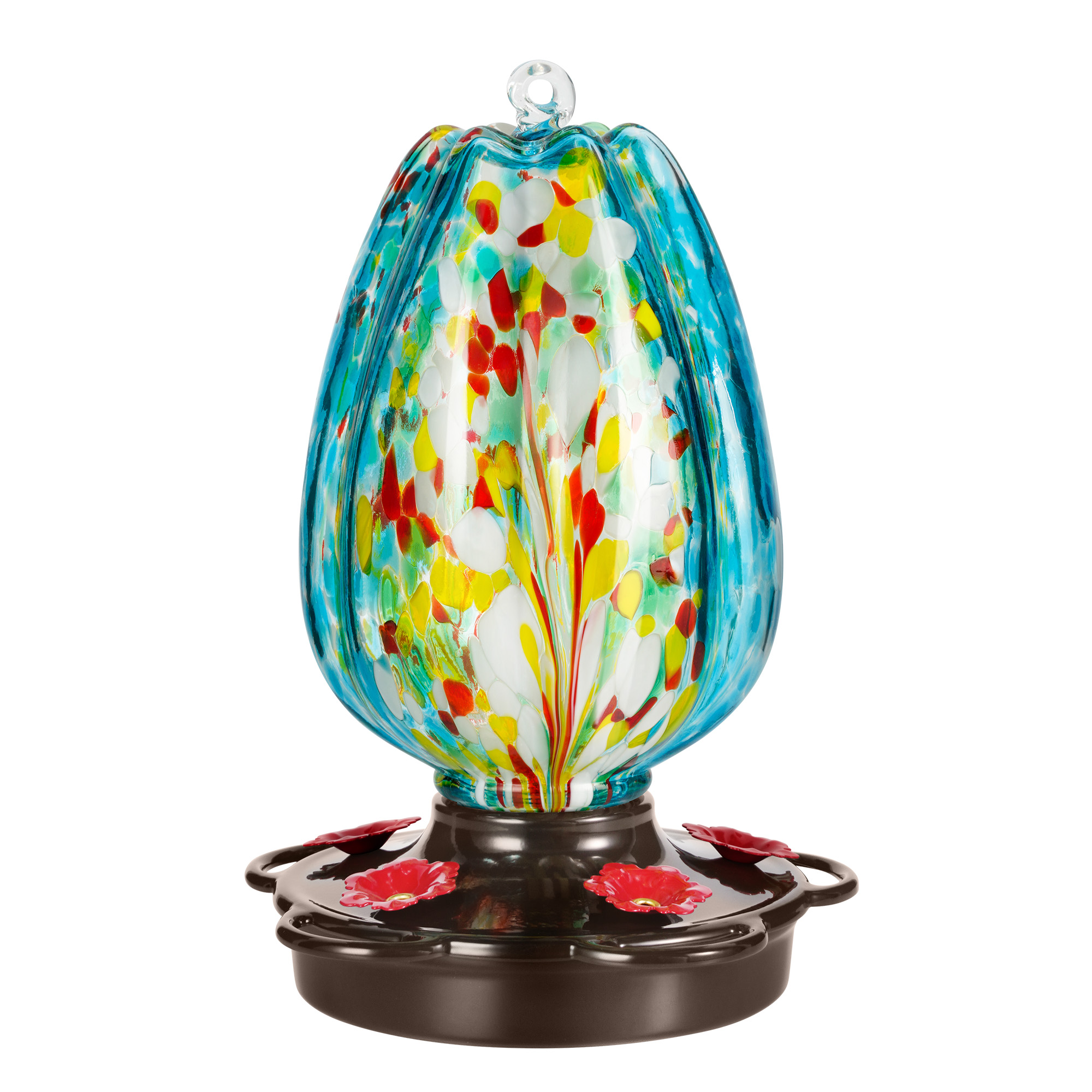 LUJOIN Tulip Shaped Hummingbird Feeder for Outdoors, Hand Blown Glass, 28 fl.oz, Leak Proof & Rustproof, Includes an Ant Moat, Metal Cover with 5 Feeding Ports & 5 Perches, Blue