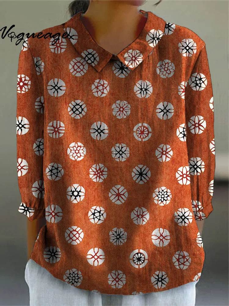 Simple Casual Circle Flower Printed Cotton And Linen Women Shirt