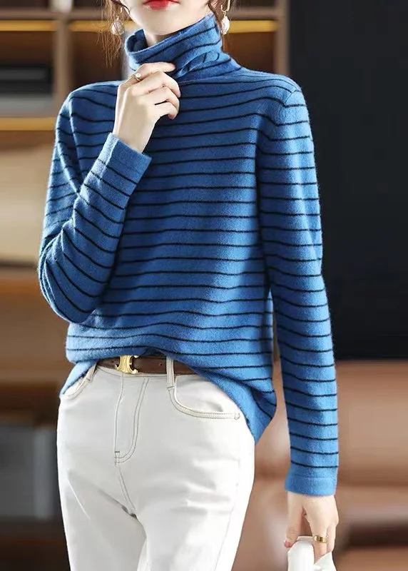 Unique Blue Striped Hign Neck Patchwork Woolen Knit Sweaters Fall