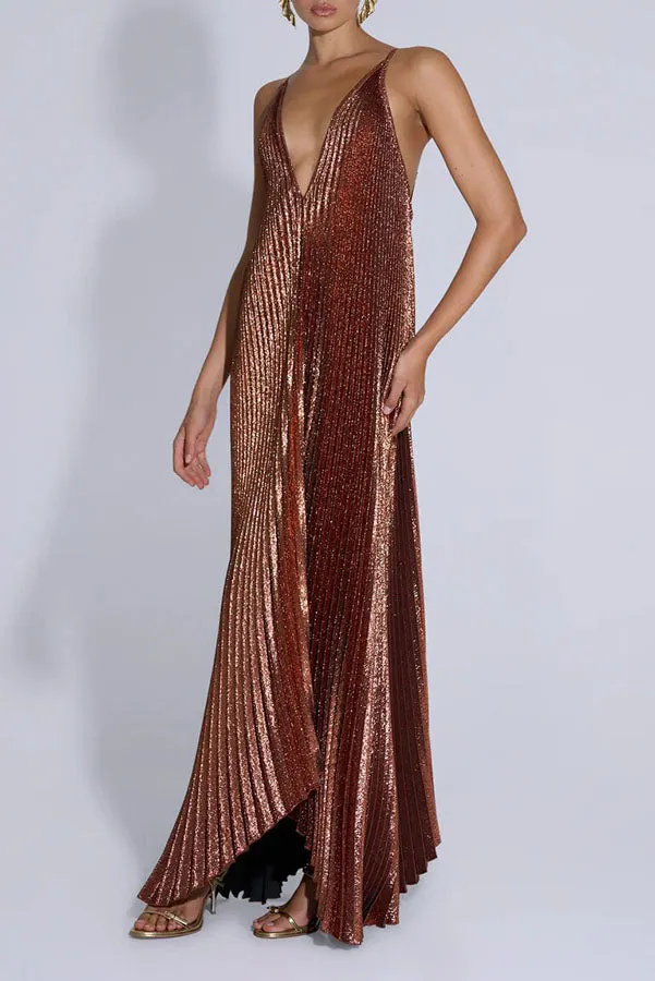Muse Glitter Fabric Pleated V-neck Tulip-cut Hemline Slip Maxi Dress
