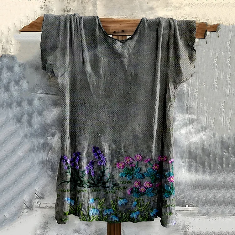 Vintage Bohemian Embroidered Floral Cotton T-shirt