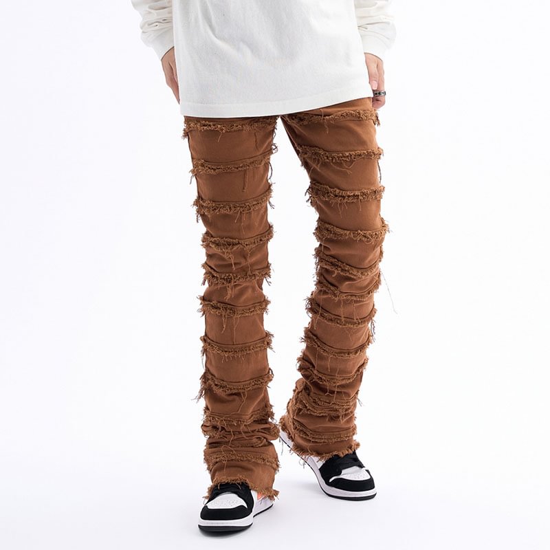 Hip Hop Streetwear Striped Tassel Frayed Straight Baggy Jeans-VESSFUL