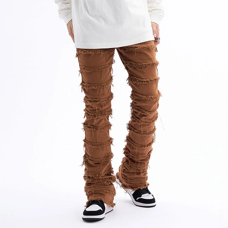 Hip Hop Streetwear Striped Tassel Frayed Straight Baggy Jeans Stacked jeans at Hiphopee