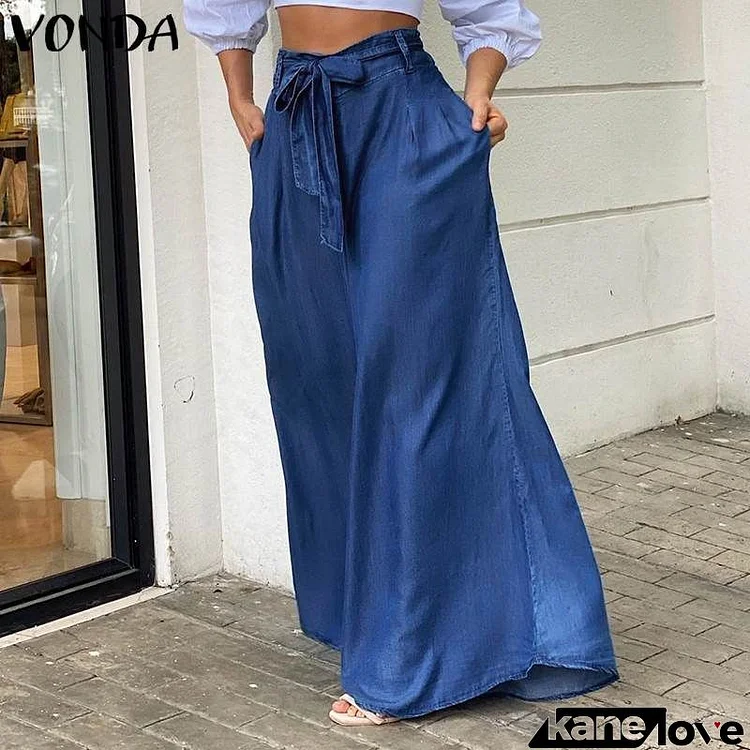 Women Elegant Lace-Up High Waist Wide Leg Pants Casual Plus Size Denim Pants Jeans