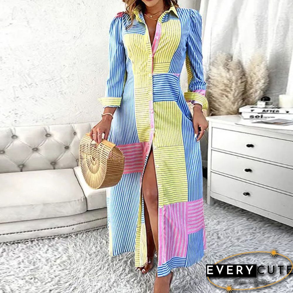 Fashion Blue Yellow Color Matching Striped Dress Ladies New Long Sleeve Lapel Maxi Shirt