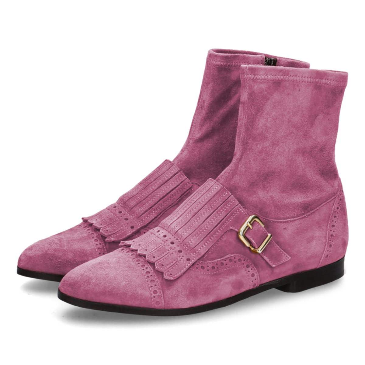 Pink Vegan Suede Round Toe Fringe Buckle Strap Flat Booties for Women Nicepairs