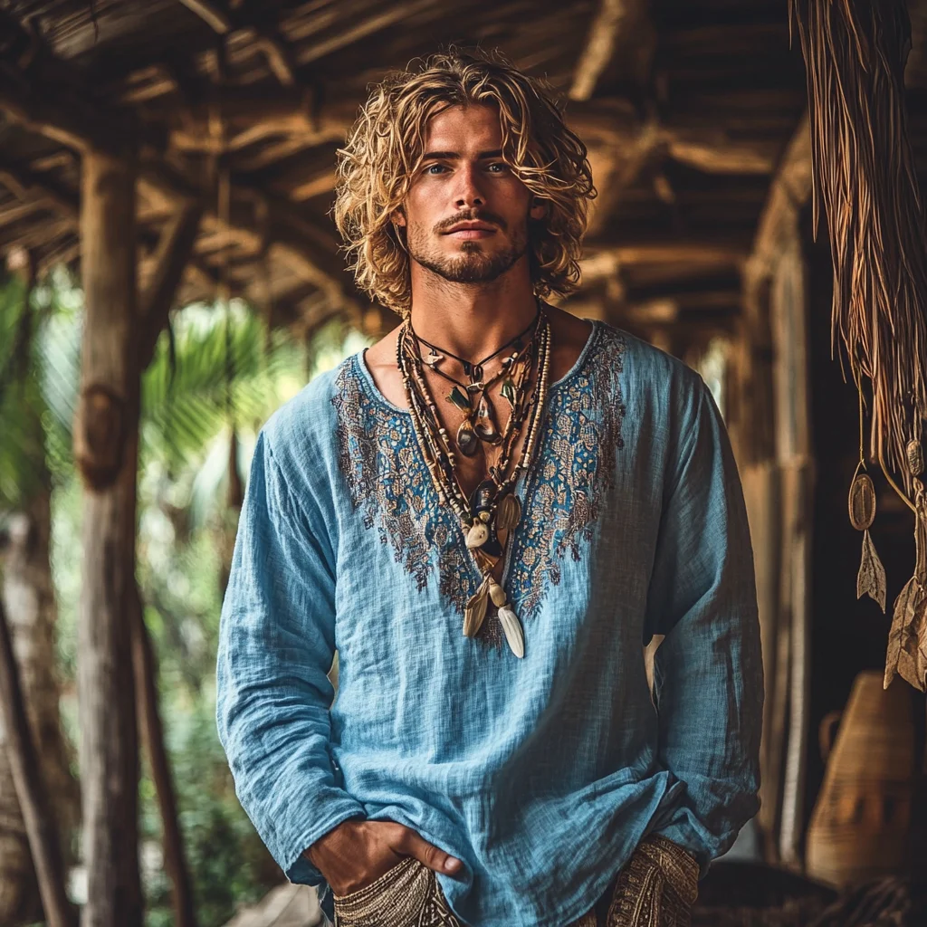 Men's Bohemian Holiday Style Vintage Linen Printed Casual Long Sleeve Top-inspireuse