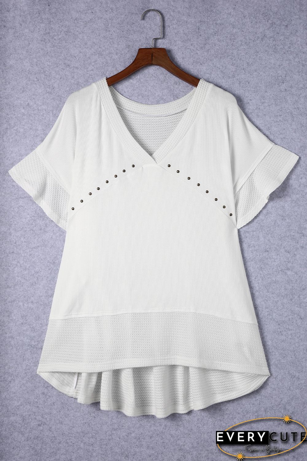 White Contrast Knit Splicing V Neck Studded Blouse