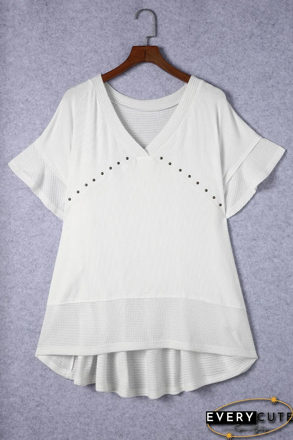 White Contrast Knit Splicing V Neck Studded Blouse