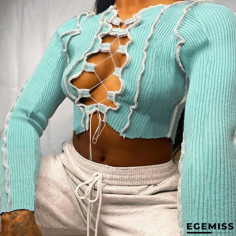 Blue cardigan Long Sleeve Patchwork Solid Bandage crop top Tops | EGEMISS