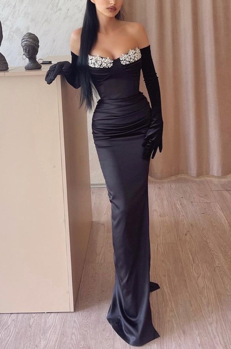 Black Prom Dress With Gloves Long Mermaid Appliques Satin YL0303