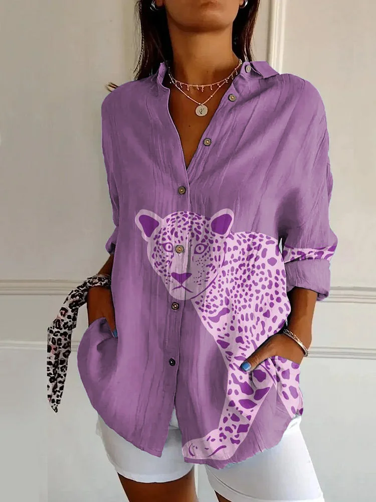 Purple Leopard Print Casual Long Sleeve Shirt