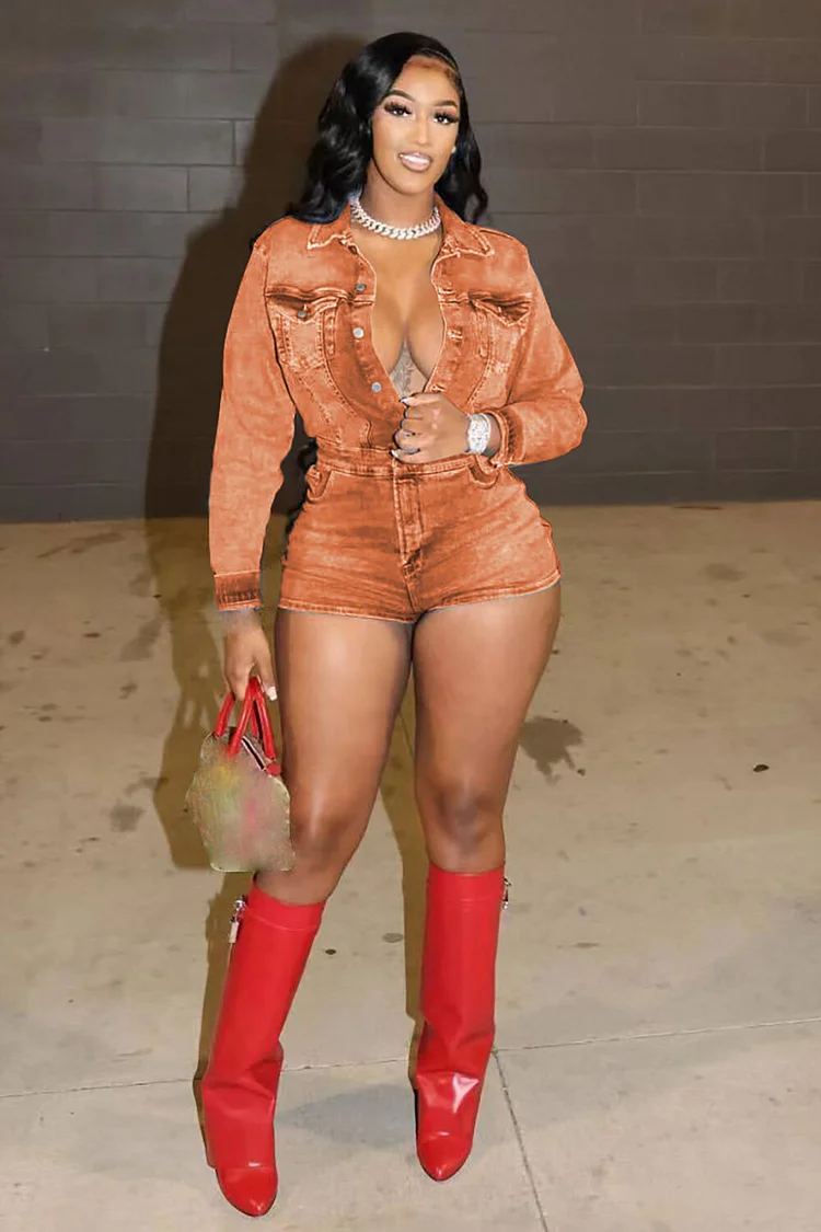 Long Sleeve Button Up Denim Slim Fit Playsuit Romper-Orange