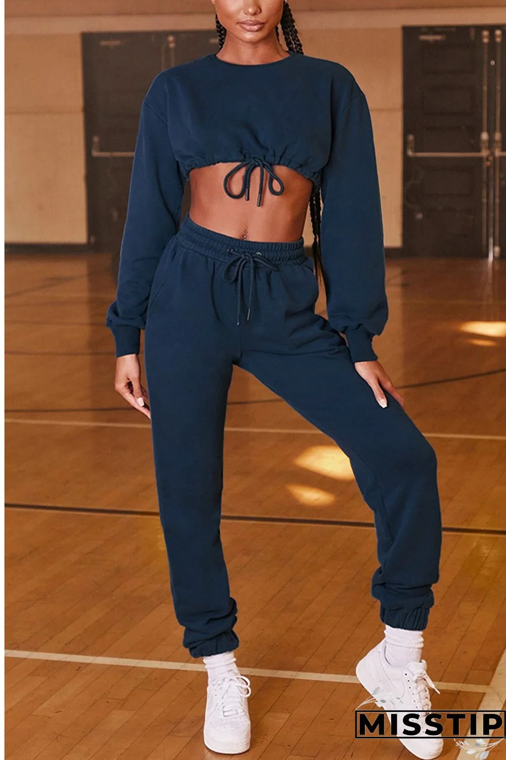 Blue Living Solid O Neck Long Sleeve Two Pieces
