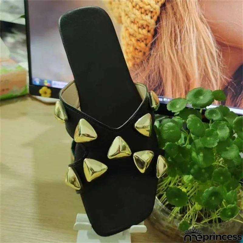 Vogue Square Toe Rivet Flat Beach Slippers for Women