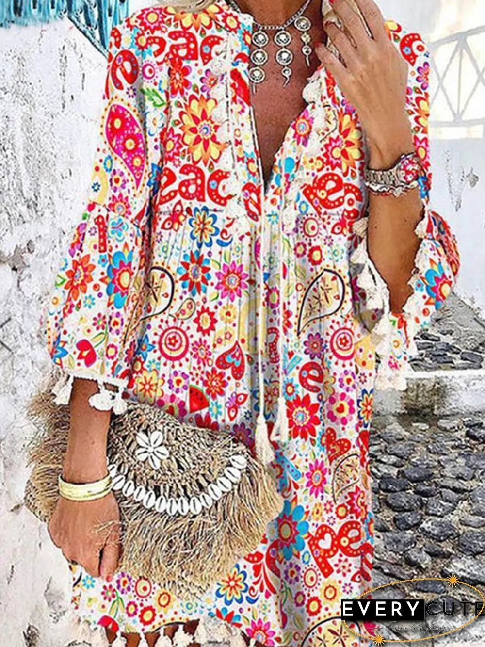 Color Printed V-neck Fringed Dress P10914