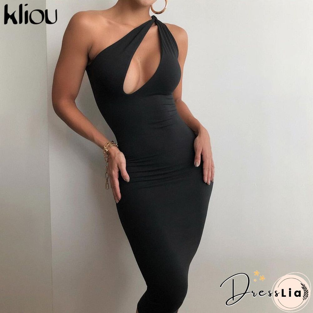 Kliou Cut Out Sexy Midnight Clubwear Maxi Dresses Solid One Shoulder Birthday Outfit For Women Slim Bodycon Party Dress