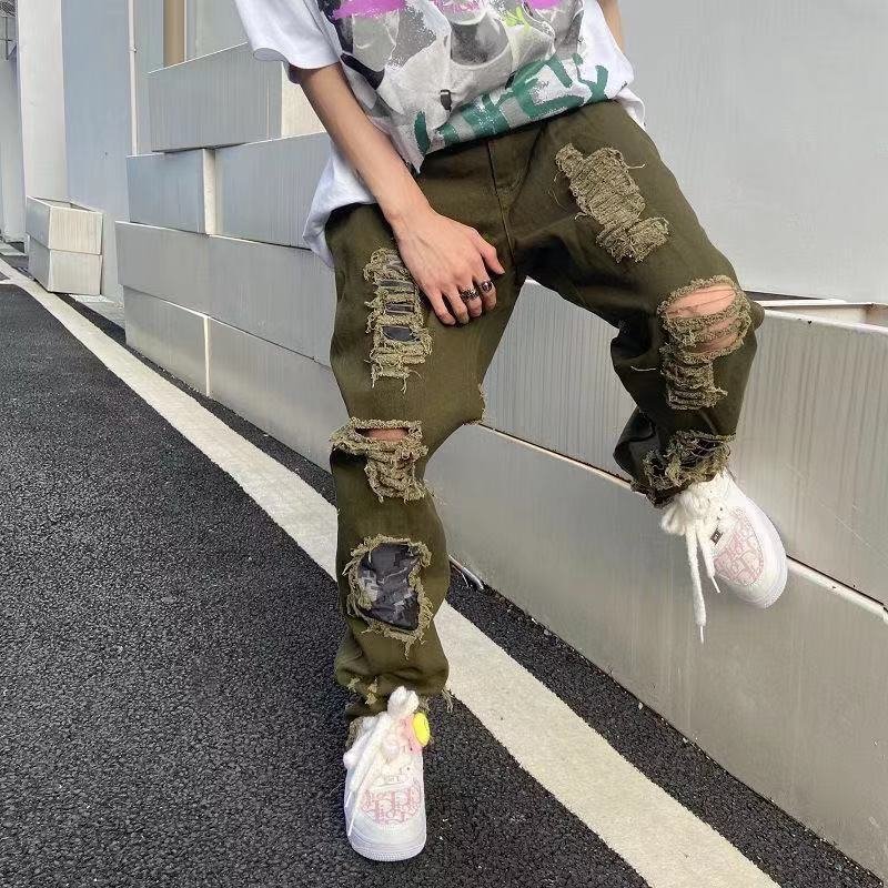 Shredded embroidered lettering jeans