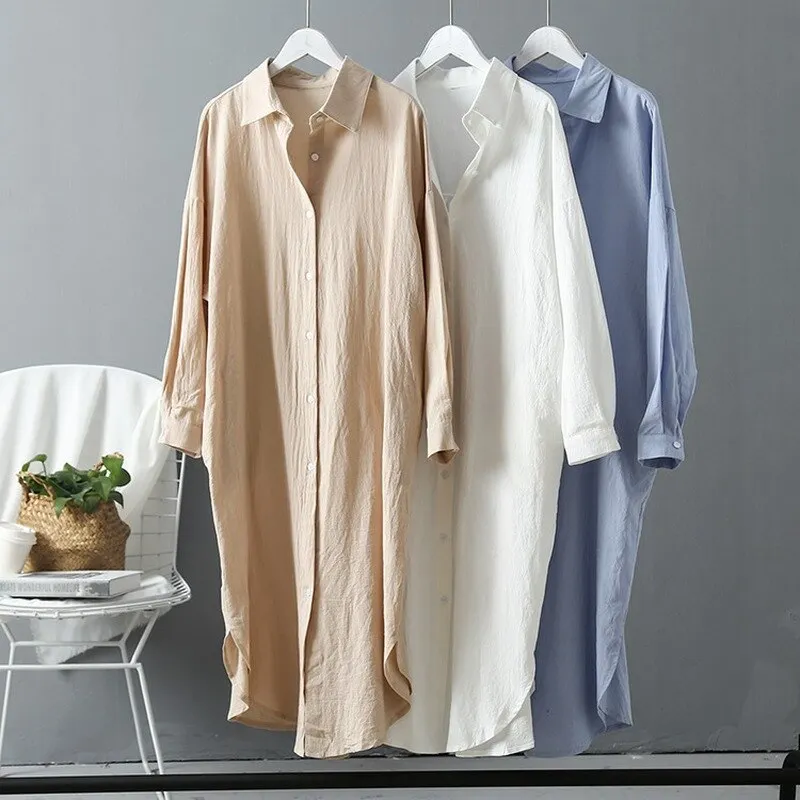Woman Summer White Long Shirt Dress 2021 Korean Fashion Dress Spring Oversized Long Sleeve Loose Dresses Ladies Tops