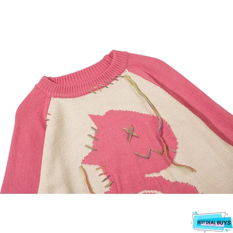 Color Contrast Dinosaur Patchwork Design Knit Pullover