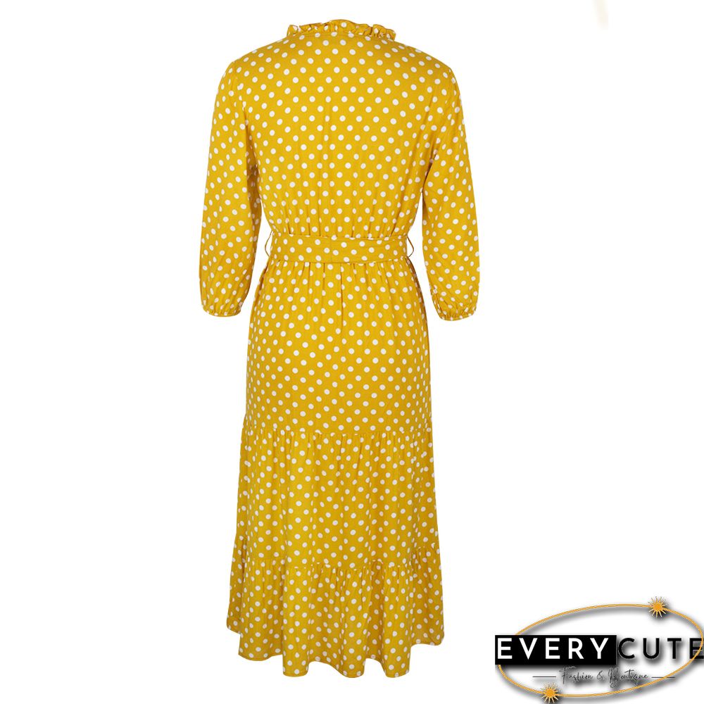 Yellow 3/4 Sleeve Polka Dot Ruffle Hem Maxi Dress
