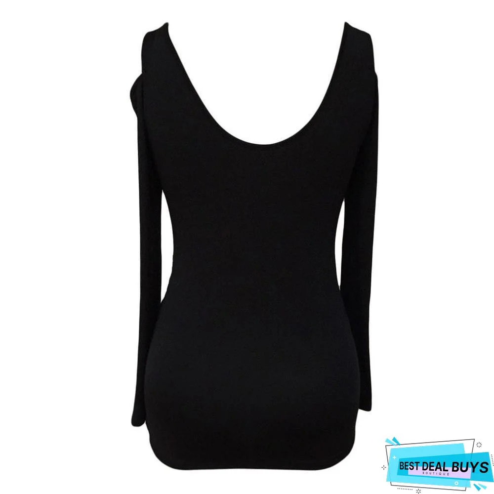 Cut Out Shoulder T-Shirt Women Off Shoulder Casual Top Long Sleeve Tops