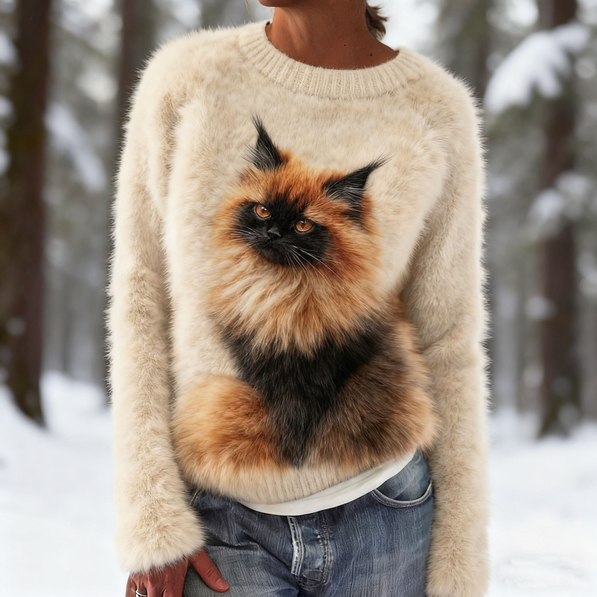Cute Fluffy Cat Pattern Warm Pullover Sweater elevenforest