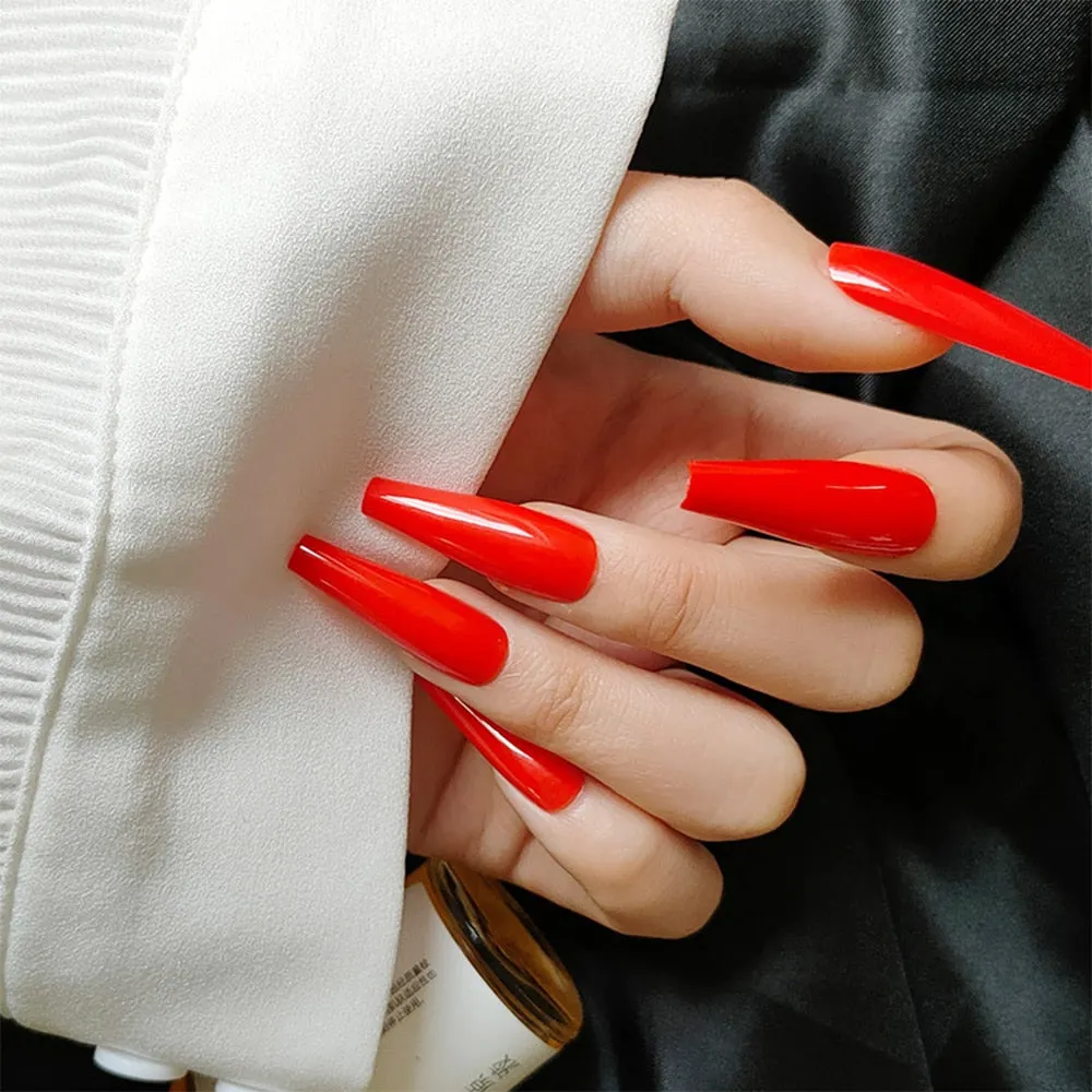 24Pcs Detachable False Nails Long Ballerina Artificial Fake Nails Full Cover Jelly Red Coffin Nail Tips DIY Manicure Tool 515-1-Nail Inspo