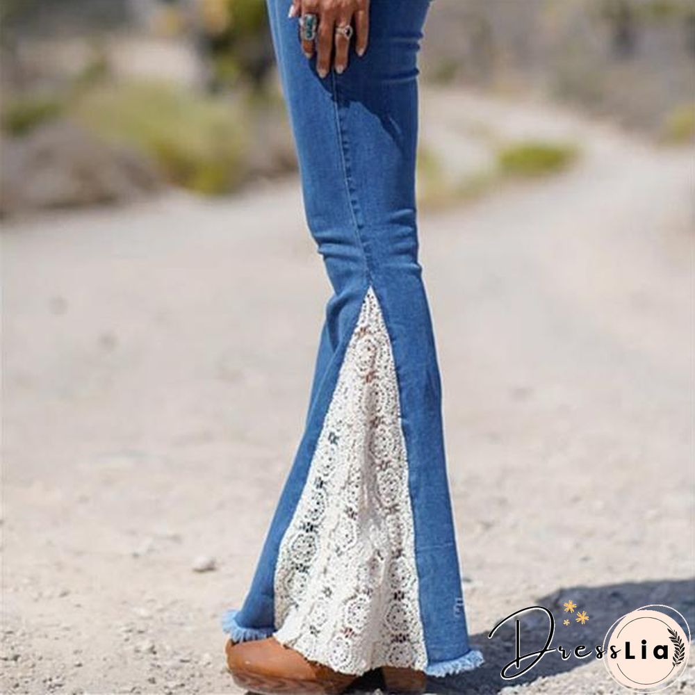 Women Lace Joint Denim Bell-Bottomed Pants