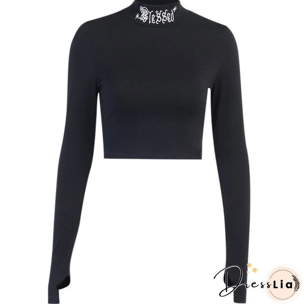 Insgoth Women Black Bodycon Long Sleeve Crop Tops Gothic Harajuku Letter Embroidery Vintage Solid Tops Female Casual Basic Tops