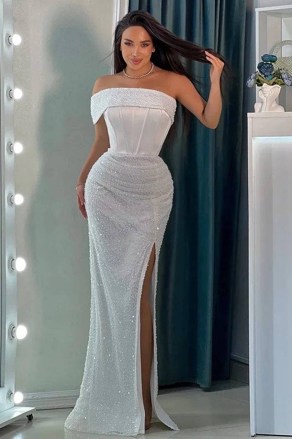 Miabel Stunning White Sequins Sleeveless One Shoulder Prom Dress with Split    