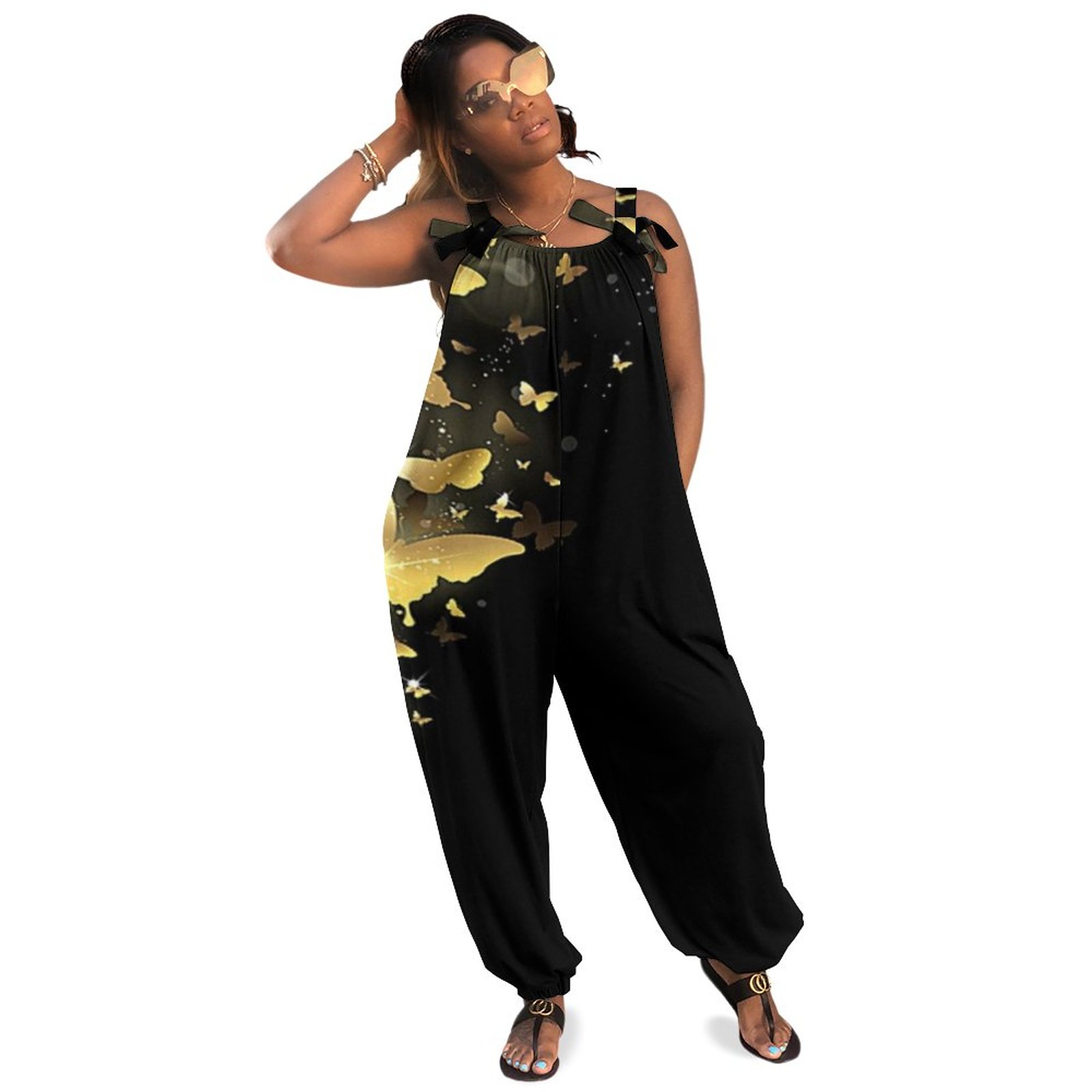 Glitter Butterfly Plus Size Women Rompers Summer Casual Loose Dressy Jumpsuit With Sleeves Formal Coverall Boho Style Pockets Polyester Spandex