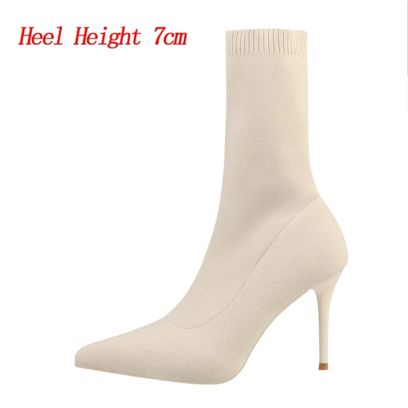 2022 Women Stretch Knitted Sock Boots 7cm 9cm High Heels White Ankle Boots Stripper Low Block Heel Lady Warm Winter Chunky Shoes