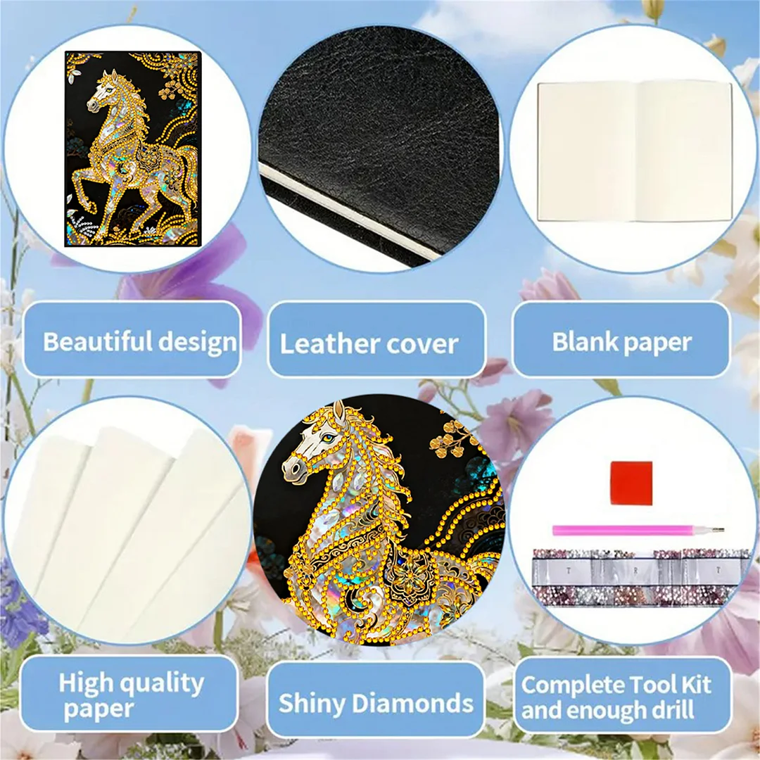 DIY Flower Diamond Painting Journals Notebooks 50 Pages A5 No Lines Special Shaped Diamond Art Kits for Beginners Craft Lovers and Artists (Horse)