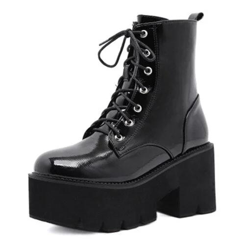 Women Platform Ankle Boots Ladies Patent Leather Chunky Pump Female High Heels Women's Lace Up Woman Gothic Punk Shoes Plus Size