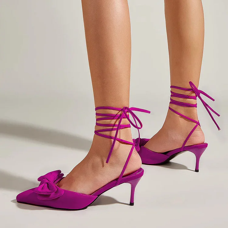 Fuchsia Pointed Satin Pumps Elegant Kitten Heels Wrapped Bow Shoes |FSJ Shoes