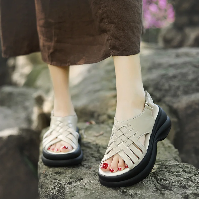 Yyvonne Cowhicked Woven Woven Pine Cake Thick-Soled Sandals Women's Summer New Catch Height Roman Sandals