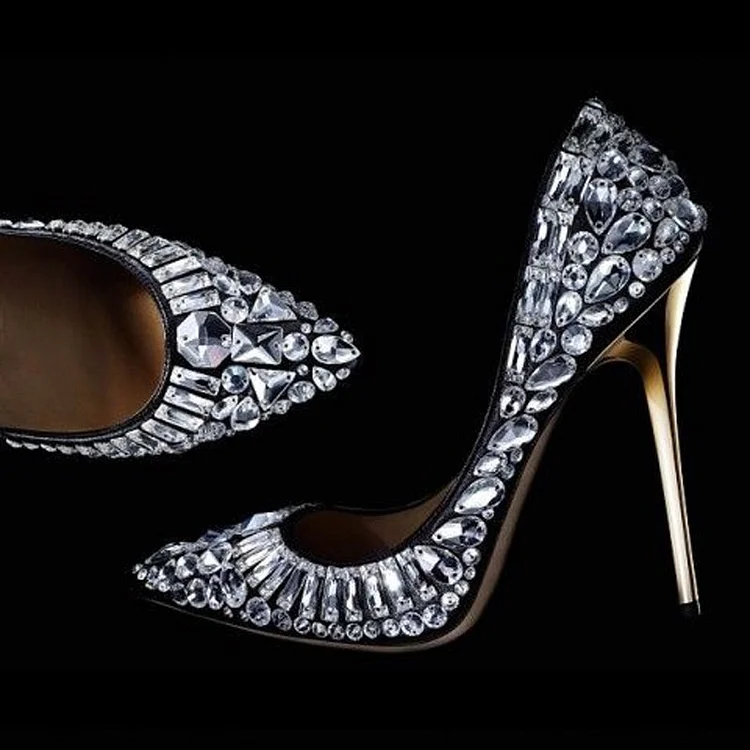 Women's Rhinestone Heels Pointed Toe Pumps Shoes in Black |FSJ Shoes
