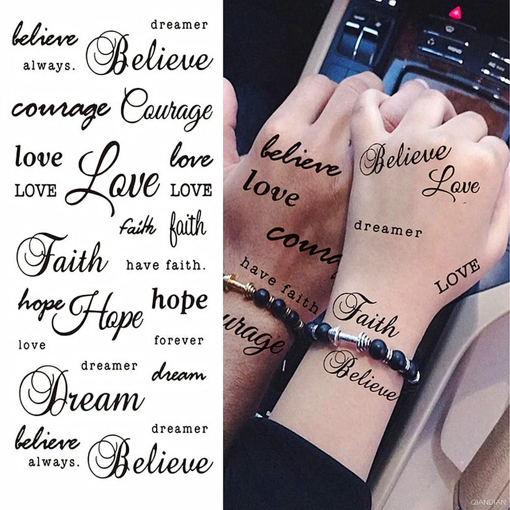 Watercolor Arm Letter Temporary Tattoos Sleeve English Word Lip Print Feather Decorate Realistic Fake Body Women Totem Sticker